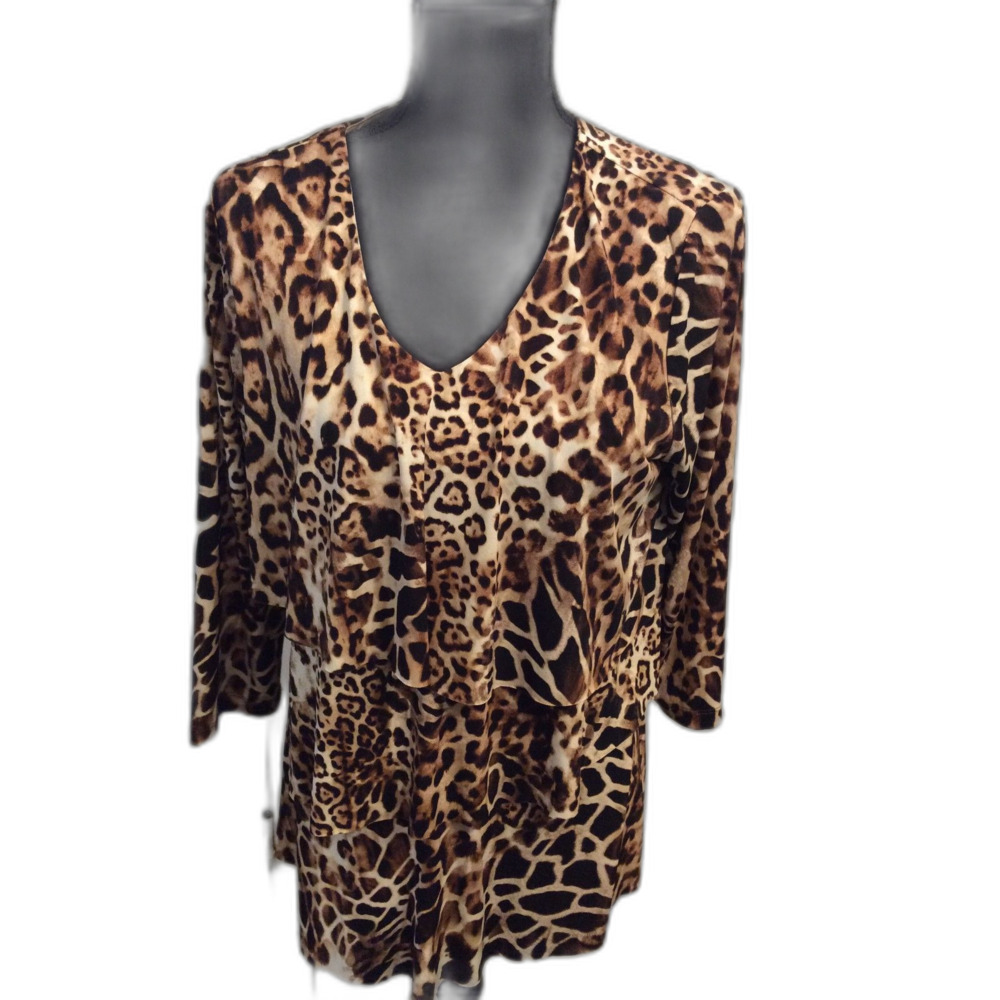 Susan Graver Leopard Animal print Tunic Ruffled V Neck Medium M Top